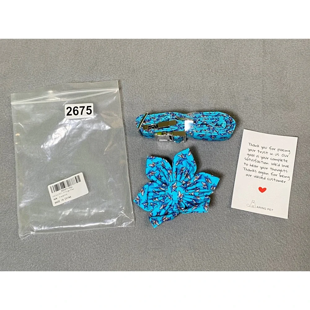 Aring Pet Shark Print Dog Collar Turquoise Blue Large with Flower/ Bow